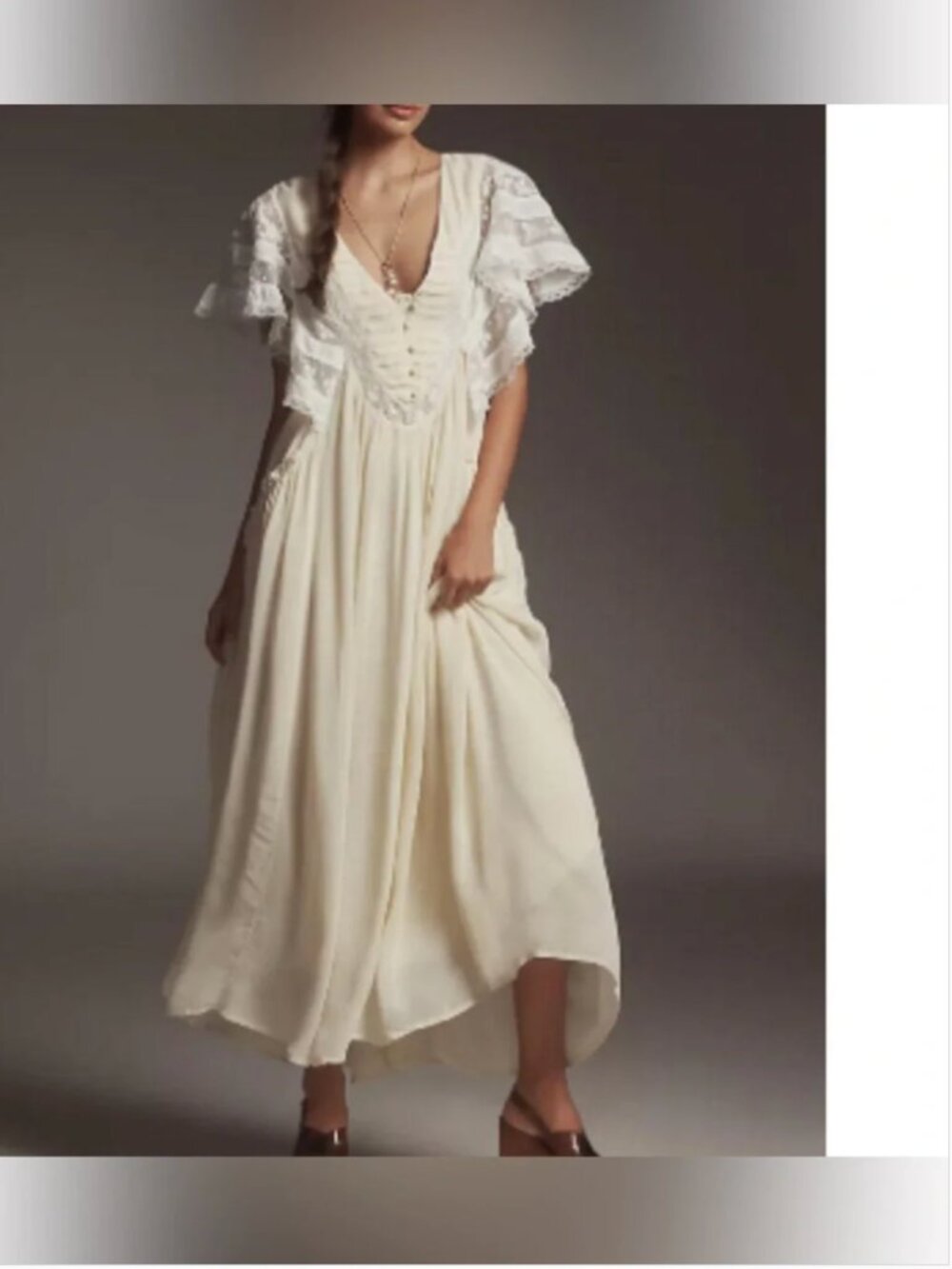 Anthropologie lace v-neck flatter sleeve midi cream white dress size M